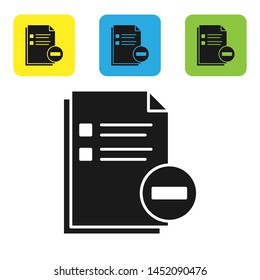Black Document with minus icon isolated on white background. Clear document. Remove file document. Delete information file. Set icons colorful square buttons. Vector Illustration
