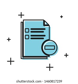 Black Document with minus icon isolated on white background. Clear document. Remove file document. Delete information file.  Vector Illustration