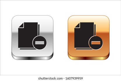 Black Document with minus icon isolated on white background. Clear document. Remove file document. Delete information file. Silver-gold square button. Vector Illustration