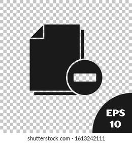 Black Document with minus icon isolated on transparent background. Clear document. Remove file document. Delete information file.  Vector Illustration