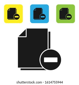 Black Document with minus icon isolated on white background. Clear document. Remove file document. Delete information file. Set icons colorful square buttons. Vector Illustration