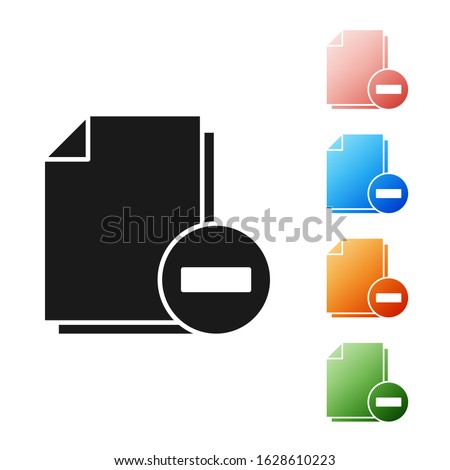 Black Document with minus icon isolated on white background. Clear document. Remove file document. Delete information file. Set icons colorful. Vector Illustration