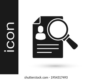 Documento Negro, análisis de papel, icono de lupa de vidrio aislado sobre fondo blanco. Símbolo de evidencia.  Vector