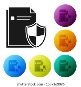 Black Document protection concept icon isolated on white background. Confidential information and privacy idea, secure, guard, shield. Set icons colorful circle buttons. Vector Illustration