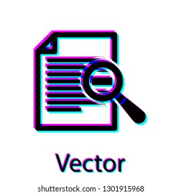 Black Document with search icon isolated on white background. File and magnifying glass icon. Analytics research sign. Vector Illustration