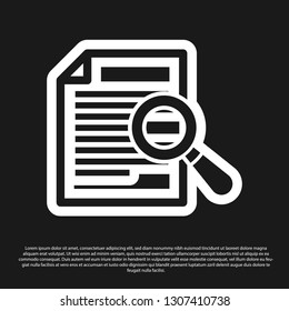 Black Document with search icon isolated on black background. File and magnifying glass icon. Analytics research sign. Vector Illustration