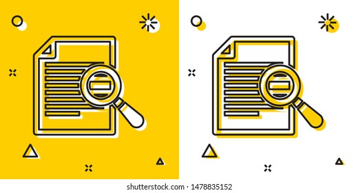 Black Document with search icon isolated on yellow and white background. File and magnifying glass icon. Analytics research sign. Random dynamic shapes. Vector Illustration