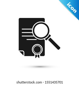 Black Document with search icon isolated on white background. File and magnifying glass icon. Analytics research sign.  Vector Illustration