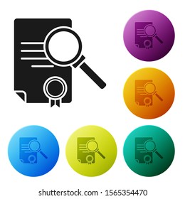 Black Document with search icon isolated on white background. File and magnifying glass icon. Analytics research sign. Set icons colorful circle buttons. Vector Illustration