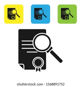 Black Document with search icon isolated on white background. File and magnifying glass icon. Analytics research sign. Set icons colorful square buttons. Vector Illustration