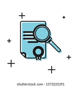 Black Document with search icon isolated on white background. File and magnifying glass icon. Analytics research sign.  Vector Illustration