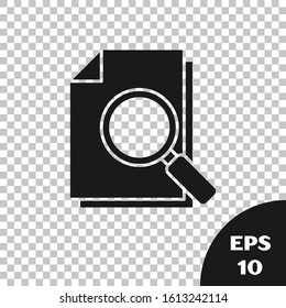 Black Document with search icon isolated on transparent background. File and magnifying glass icon. Analytics research sign.  Vector Illustration