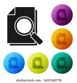 Black Document with search icon isolated on white background. File and magnifying glass icon. Analytics research sign. Set icons colorful circle buttons. Vector Illustration