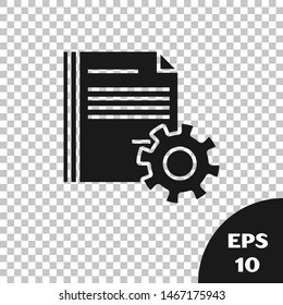 Black Document settings with gears icon isolated on transparent background. Software update, transfer protocol, teamwork tool management.  Vector Illustration
