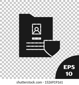 Black Document with shield icon isolated on transparent background. Insurance concept. Security, safety, protection, protect concept.  Vector Illustration
