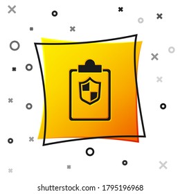 Black Document with shield icon isolated on white background. Insurance concept. Security, safety, protection, protect concept. Yellow square button. Vector.