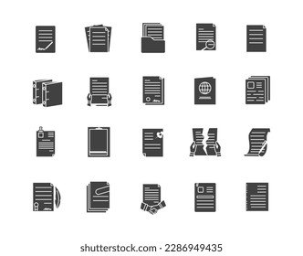 Black documents icon set. Electronic storage and archive. Paperwork at office, contracts. Collection of graphic elements for website. Cartoon flat vector illustrations isolated on white background