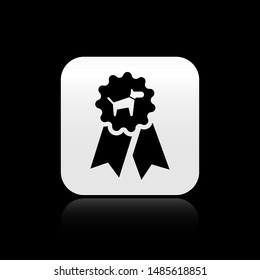 Black Dog award symbol icon isolated on black background. Medal with dog footprint as pets exhibition winner concept. Silver square button. Vector Illustration