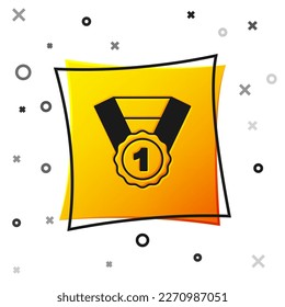 Black Dog award symbol icon isolated on white background. Medal with dog footprint as pets exhibition winner concept. Yellow square button. Vector
