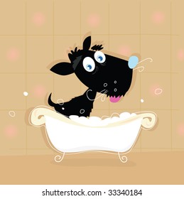 Black dog bath. Bathing black small doggie. VECTOR ILLUSTRATION.