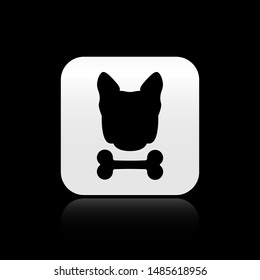 Black Dog and bone icon isolated on black background. Pets food symbol. Silver square button. Vector Illustration