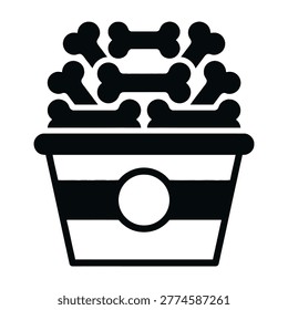 Black dog bones in striped bucket, cute pet treats, dog food concept, animal accessories, fun pet care