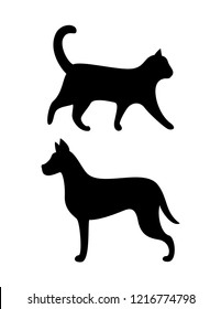 Black dog and cat silhouettes vector canine feline animals icons isolated. Grown up puppy and kitten, label for veterinary clinic vector illustration sign