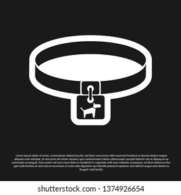 Black Dog collar with name tag icon isolated on black background. Simple supplies for domestic animal. Cat and dog care. Pet dog chains. Vector Illustration