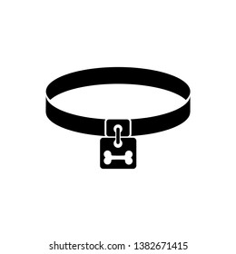 Black Dog collar with name tag and bone plaque icon isolated. Supplies for domestic animal. Cat and dog care. Pet dog chains. Vector Illustration