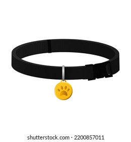 Black dog collar. Stylish domestic pet harness with gold medal paw for safety and vector protection