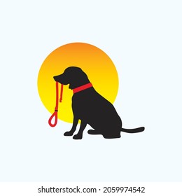 A black dog holding a leash and ready to go for a walk. Vector, illustration. Logo concept for businesses like dog trainers, dog walkers, and pet stores.