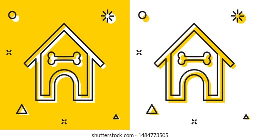 Black Dog house and bone icon isolated on yellow and white background. Dog kennel. Random dynamic shapes. Vector Illustration