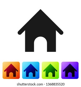 Black Dog house icon isolated on white background. Dog kennel. Set icon in color square buttons. Vector Illustration