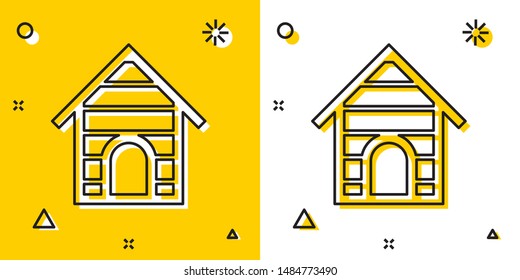 Black Dog house icon isolated on yellow and white background. Dog kennel. Random dynamic shapes. Vector Illustration