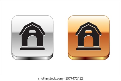 Black Dog house icon isolated on white background. Dog kennel. Silver-gold square button. Vector Illustration