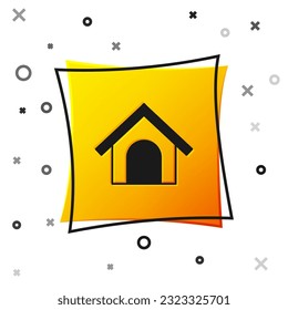 Black Dog house icon isolated on white background. Dog kennel. Yellow square button. Vector