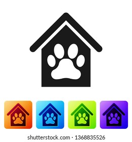 Black Dog house and paw print pet icon isolated on white background. Dog kennel. Set icon in color square buttons. Vector Illustration
