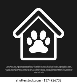 Black Dog house and paw print pet icon isolated on black background. Dog kennel. Vector Illustration