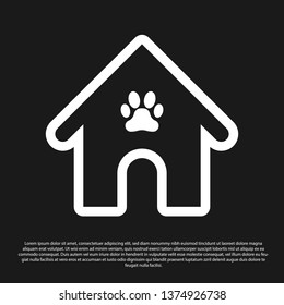 Black Dog house and paw print pet icon isolated on black background. Dog kennel. Vector Illustration