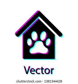 Black Dog house and paw print pet icon isolated on white background. Dog kennel. Vector Illustration