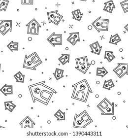 Black Dog house and paw print pet icon isolated seamless pattern on white background. Dog kennel. Vector Illustration