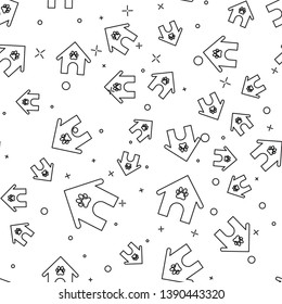 Black Dog house and paw print pet icon isolated seamless pattern on white background. Dog kennel. Vector Illustration