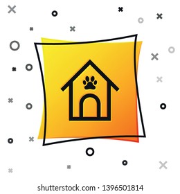Black Dog house and paw print pet icon isolated on white background. Dog kennel. Yellow square button. Vector Illustration