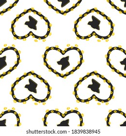 Black Dog icon seamless pattern on white background. Silhouette dog in heart frame with animal paws print. Design for holiday card, poster etc. Vector illustration