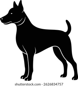 A black dog, a mammal and pet, is a black silhouette isolated on a white Background