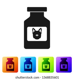 Black Dog medicine bottle icon isolated on white background. Container with pills. Prescription medicine for animal. Set icon in color square buttons. Vector Illustration
