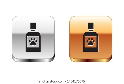 Black Dog medicine bottle icon isolated on white background. Container with pills. Prescription medicine for animal. Silver-gold square button. Vector Illustration Black Dog medicine bottle icon isolated on white background. Container with pills. Prescription medicine for animal. Silver-gold square button. Vector Illustration