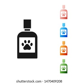 Black Dog medicine bottle icon isolated on white background. Container with pills. Prescription medicine for animal. Set icons colorful. Vector Illustration