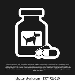 Black Dog medicine bottle and pills icon isolated on black background. Container with pills. Prescription medicine for animal. Vector Illustration