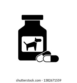 Black Dog medicine bottle and pills icon isolated. Container with pills. Prescription medicine for animal. Vector Illustration